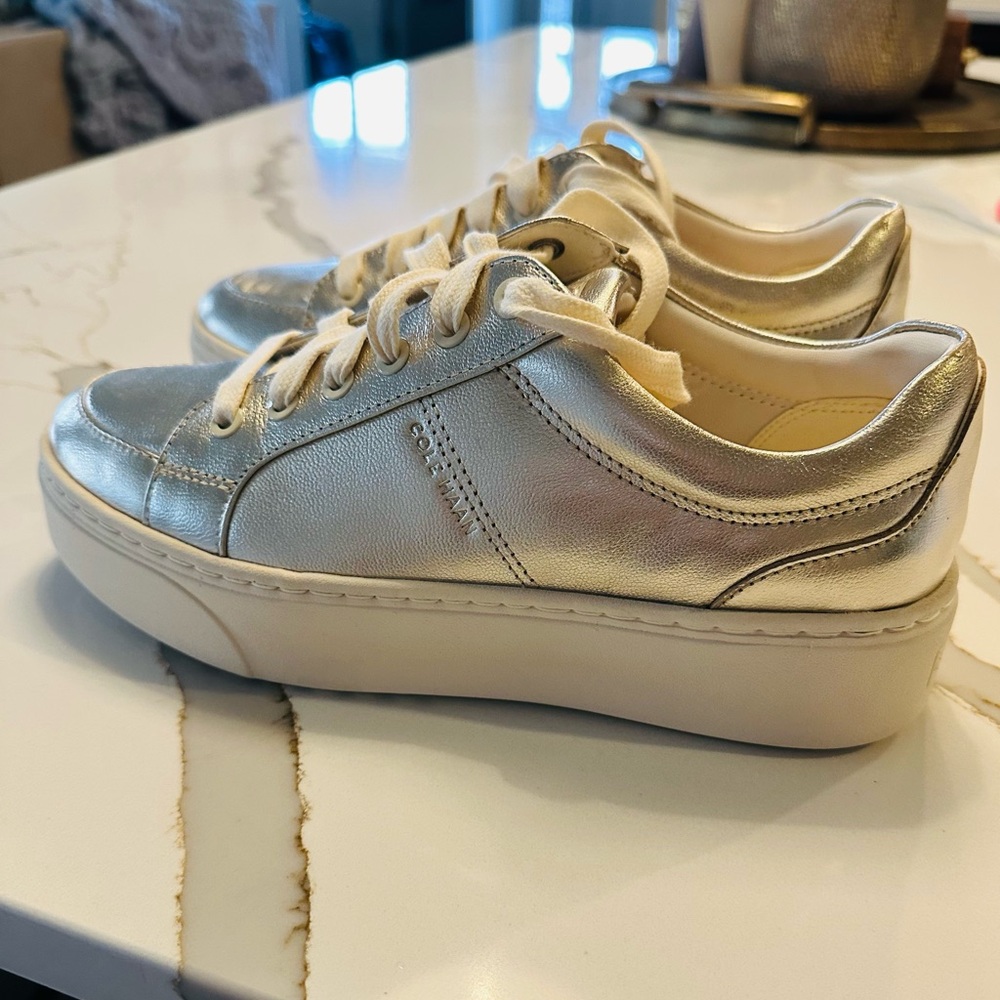 Cole Haan Metallic Gold Leather Platform Sneakers